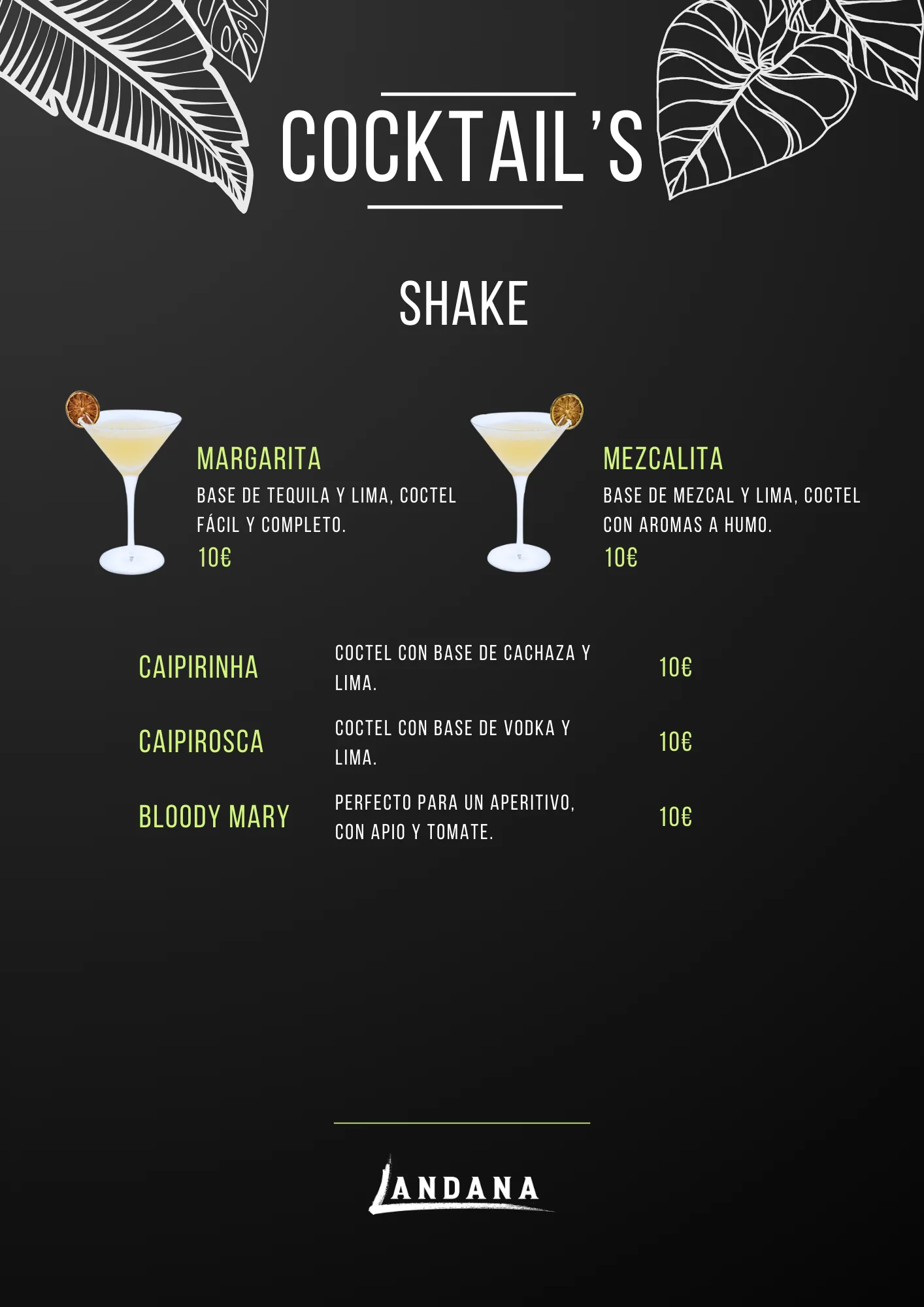 Carta de cocktails de Landana, página 1