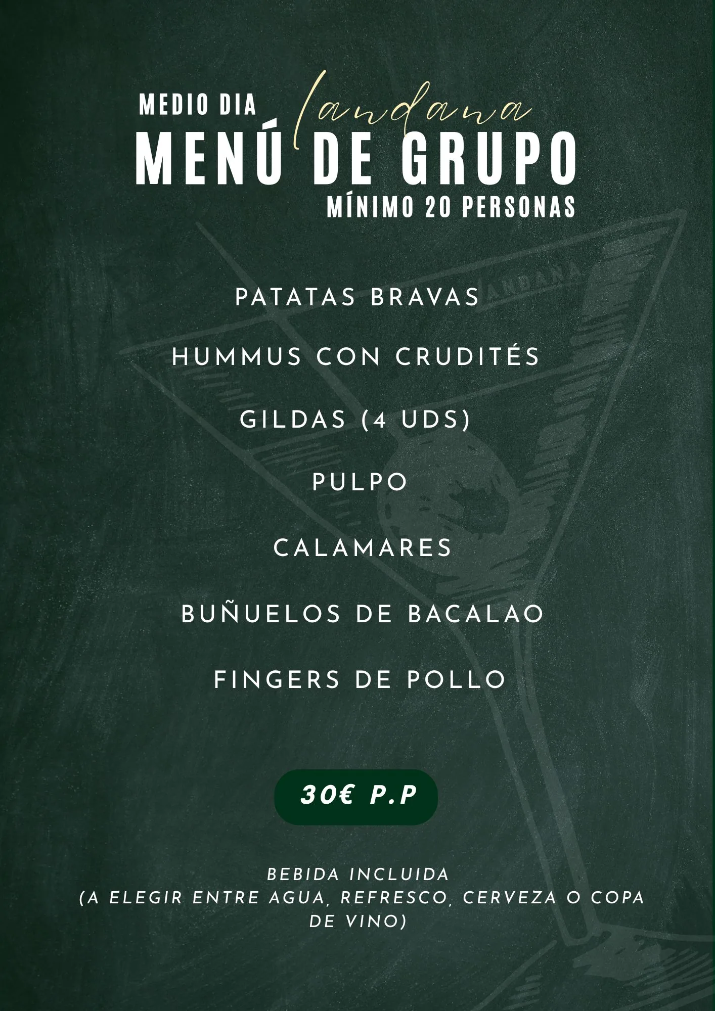 Menú de grupo de mediodía de Landana