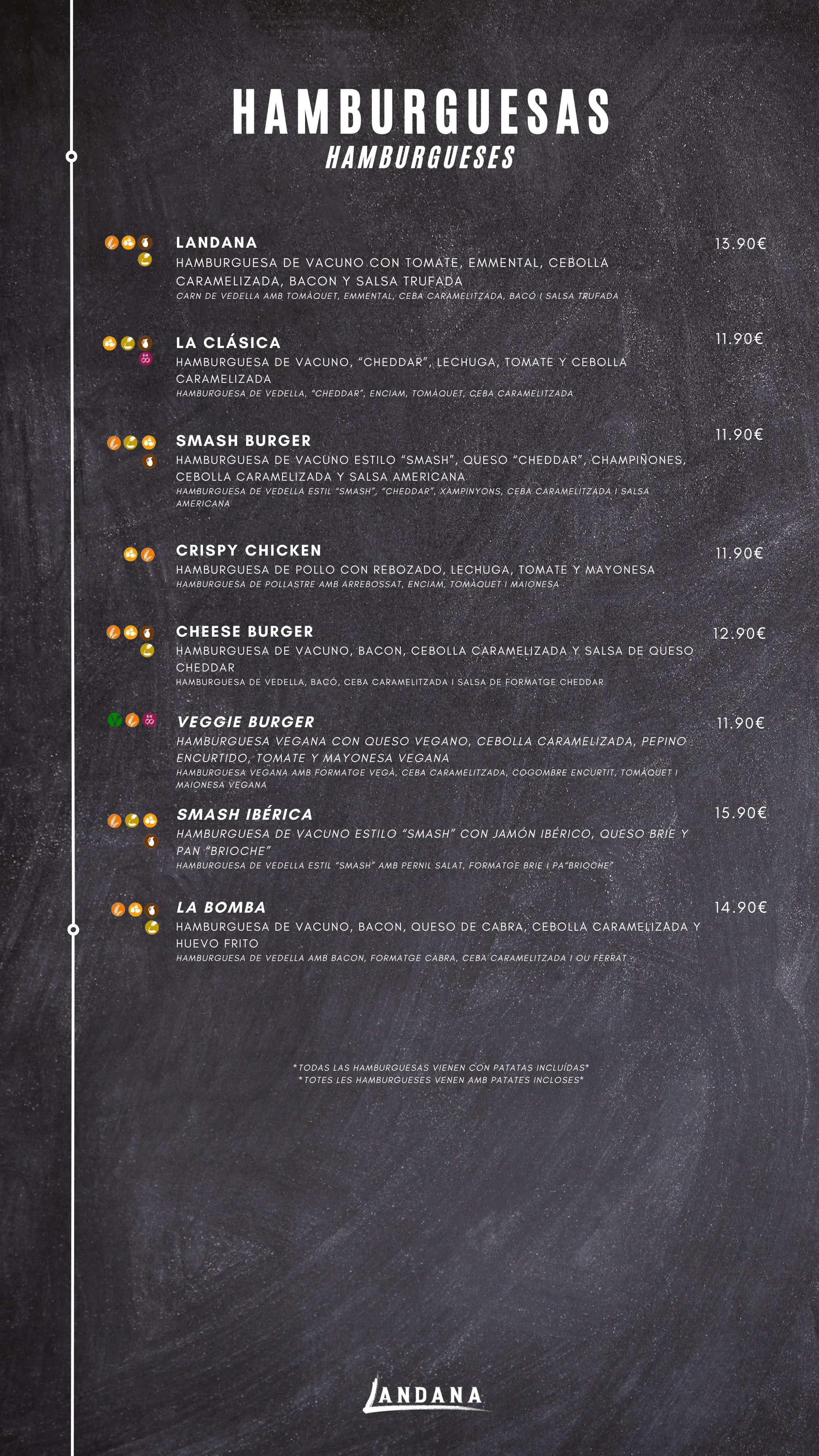 Carta de Landana: hamburguesas, con precios
