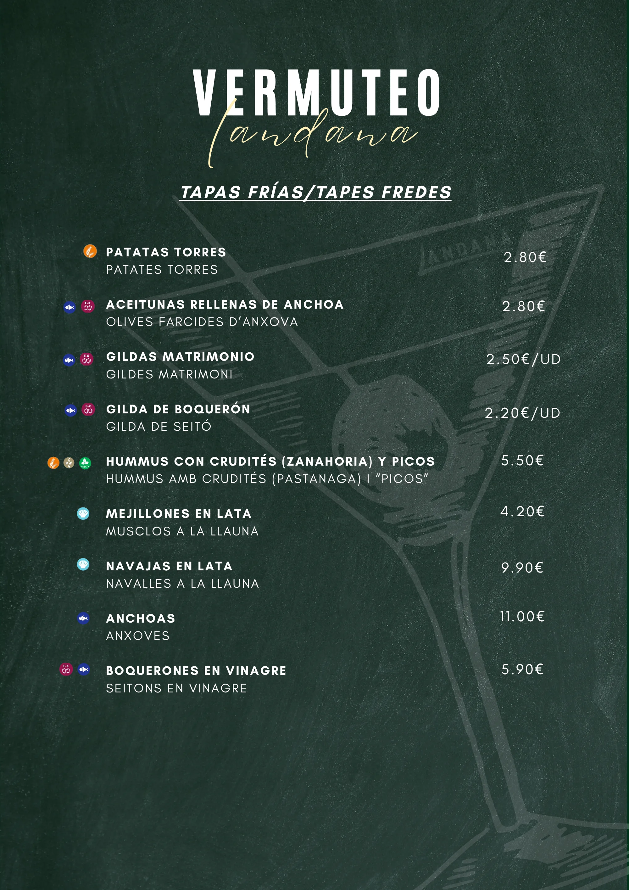 Carta de vermuteo de Landana: tapas frías