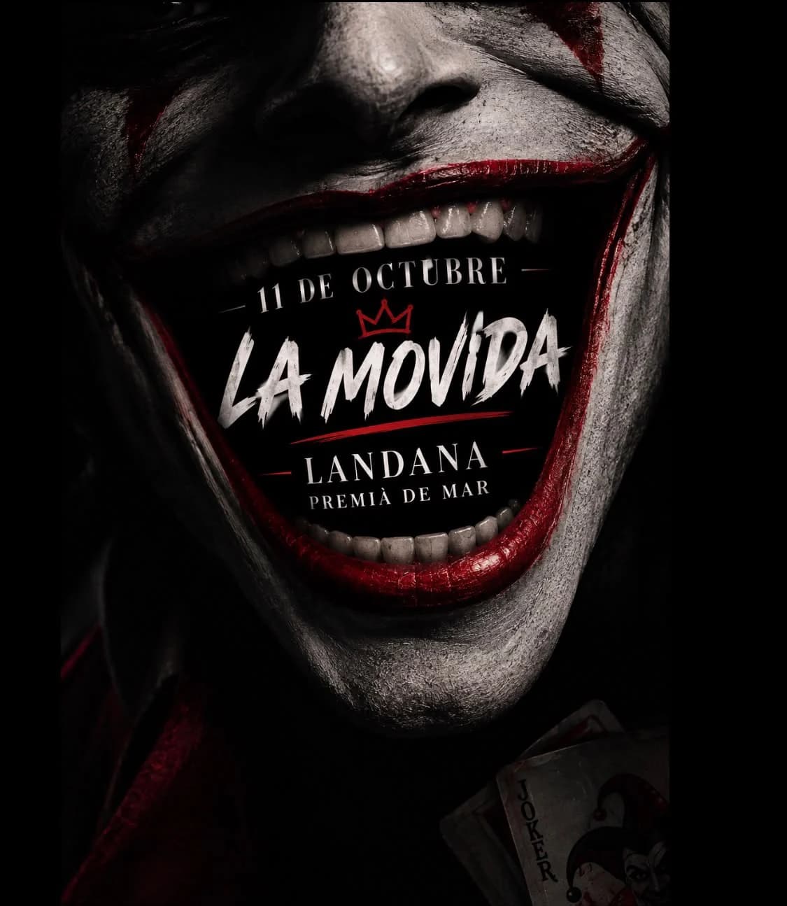 Cartel oscuro de "La Movida" en Landana: domingo 11 de octubre, sesión DJ de 19h a 2h de la mañana en Torrent Malet 17, Premià de Mar (08330). Sobre un primer plano de una sonrisa de payaso siniestro, con labios rojos y dientes blancos, se lee el título del evento.