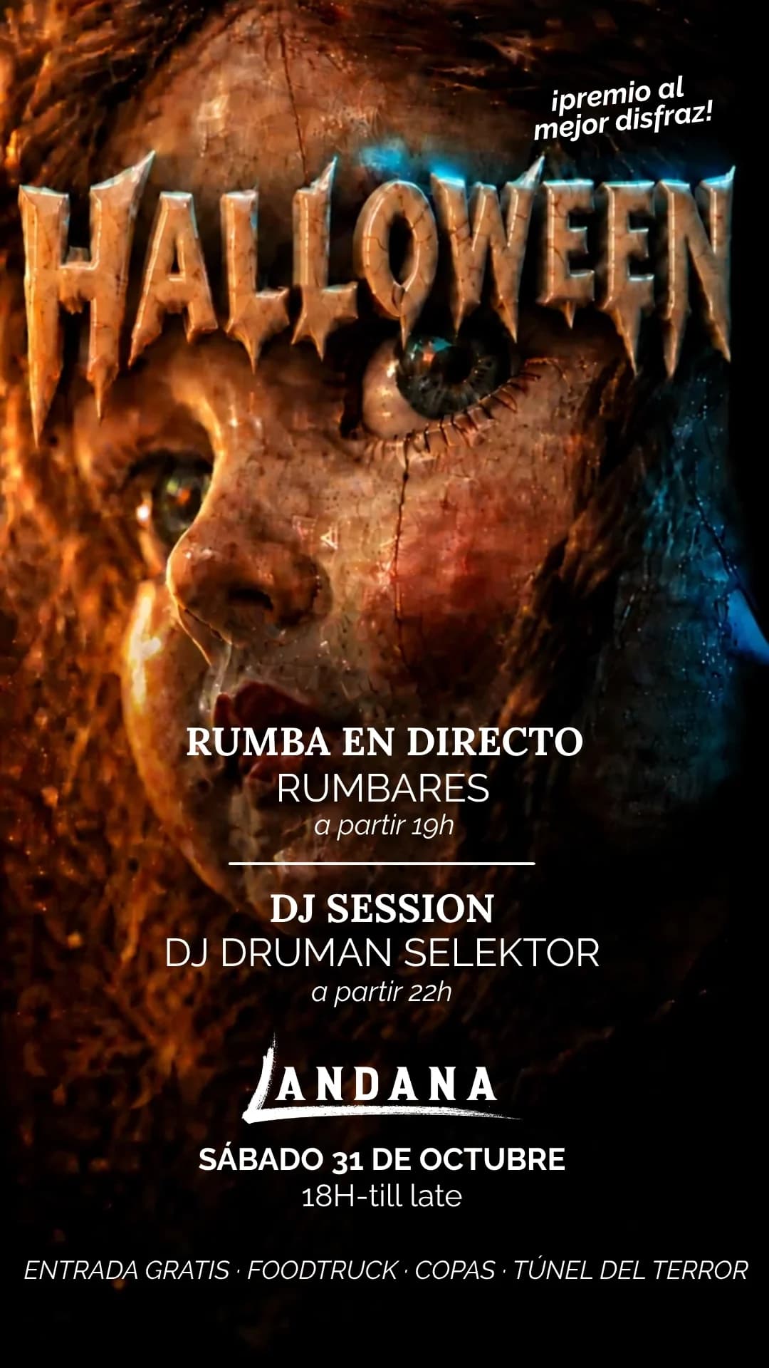 Cartel de Halloween de Landana: sábado 31 de octubre, de 18h hasta tarde. Rumba en directo con Rumbares a partir de las 19h y DJ Druman Selektor a partir de las 22h. Premio al mejor disfraz, entrada gratis, foodtruck, copas y túnel del terror.